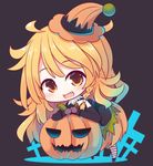  beni_shake blonde_hair braid chibi fang halloween halloween_costume hat jack-o'-lantern kirisame_marisa open_mouth pumpkin_skirt shirt single_braid smile solo striped striped_legwear touhou yellow_eyes 