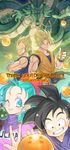  3boys ;&gt; anniversary aqua_hair bakusou_k black_eyes black_hair blonde_hair blue_eyes bulma crossed_arms dougi dragon dragon_ball dragon_ball_(classic) dragon_ball_(object) dragon_ball_z dragon_radar gloves green_eyes grin hair_ribbon highres lightning multiple_boys one_eye_closed ribbon shenlong_(dragon_ball) single_glove smile son_gokuu super_saiyan thumbs_up vegeta whiskers wristband 