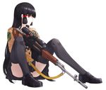  black_hair black_legwear commentary_request convenient_leg dragunov_svd finger_on_trigger full_body gloves gun hair_ribbon holding holding_gun holding_weapon kfr long_hair military original pale_skin profile red_eyes ribbon rifle school_uniform scope shoes shoulder_patches simple_background sitting skirt sling sniper_rifle solo strap thighhighs tress_ribbon very_long_hair weapon white_background 