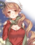  breasts brown_eyes brown_hair cleavage gomano_rio hat kantai_collection large_breasts littorio_(kantai_collection) long_hair off-shoulder_sweater open_mouth ponytail scarf solo sweater 