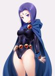 bad_id bad_tumblr_id belt breasts cape covered_navel covered_nipples dc_comics forehead_jewel grey_skin hizuki_akira jewelry large_breasts leotard looking_at_viewer perky_breasts purple_eyes purple_hair raven_(dc) short_hair simple_background solo teen_titans 