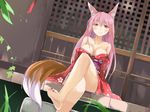  animal_ears araragimura_udonya barefoot breasts cleavage crossed_legs dutch_angle feet fox_ears fox_tail highres japanese_clothes kimono large_breasts legs off_shoulder original pink_eyes pink_hair sitting smile solo tail toenail_polish 