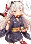  amatsukaze_(kantai_collection) candy_apple chocolate_banana food food_in_mouth hair_tubes hairband highres hot_dog ichikawa_feesu japanese_clothes kantai_collection kimono long_hair looking_at_viewer mouth_hold red_legwear solo takoyaki thighhighs translation_request two_side_up white_hair wide_sleeves yukata 