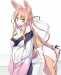  animal_ear_fluff animal_ears bare_shoulders blush braid breasts cleavage closed_mouth expressionless fox_ears fox_tail green_eyes hip_vent japanese_clothes kimono large_breasts long_hair looking_at_viewer momoyama_tsutsune off_shoulder original pink_hair poco_(asahi_age) solo tail wide_sleeves 
