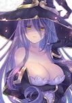  black_gloves black_hat bracelet breasts cleavage collarbone commentary_request elbow_gloves eyebrows_visible_through_hair gloves goblin_slayer! hat holding holding_pipe jewelry large_breasts long_hair looking_at_viewer mole mole_under_eye pipe purple_hair smile solo soukuu_kizuna very_long_hair witch_(goblin_slayer!) witch_hat yellow_eyes 