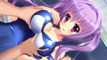  breast_grab breasts g-cup_sisters!_imouto-darake_no_sakunyuu_gakuen-sai game_cg grabbing huge_breasts kaneshiro_wataru long_hair one-piece_swimsuit pov purple_eyes purple_hair school_swimsuit shiny shiny_clothes smile swimsuit tongue tongue_out twintails ukima_mio 