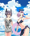  absurdres artist_name bad_anatomy bikini blush breasts character_name clothes_writing cloud day english fingerless_gloves frills gloves groin hand_behind_head hand_on_own_chest headgear highres kantai_collection mechanical_halo medium_breasts multiple_girls navel no_eyepatch purple_eyes purple_hair sea_spray shirt short_hair smile swimsuit t-shirt tatsuta_(kantai_collection) tenryuu_(kantai_collection) verdy water yellow_eyes 