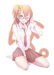  ;p bad_id bad_pixiv_id bare_legs barefoot bespectacled between_breasts between_legs blue_eyes bow breasts collared_shirt finger_to_head full_body glasses hair_bow hand_between_legs highres kousaka_honoka long_sleeves looking_at_viewer love_live! love_live!_school_idol_project necktie necktie_between_breasts one_eye_closed one_side_up orange_hair pleated_skirt pointing pointing_at_self red-framed_eyewear red_neckwear shirt simple_background sitting skirt solo tongue tongue_out touching_forehead wariza white_background white_shirt yellow_bow yurumiya_(irassyaimasi) 
