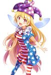  :d american_flag_dress american_flag_legwear blonde_hair blush clownpiece dress e.o. fairy_wings hat highres jester_cap long_hair looking_at_viewer open_mouth pantyhose red_eyes smile solo striped striped_dress touhou v-shaped_eyebrows very_long_hair wide-eyed wings 