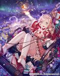  :d ankle_boots aurora bauble blonde_hair boots braid breasts building capelet city city_lights cleavage cleavage_cutout dragon's_shadow full_body fur_trim gift long_hair night night_sky official_art open_mouth outstretched_arm pink_hair ribbon sky sleigh small_breasts smile solo star_(sky) starry_sky thighhighs thighs throwing very_long_hair watermark white_legwear yna zettai_ryouiki 