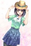  alternate_costume bad_id bad_pixiv_id black_hair black_legwear bow brown_eyes casual dress floral_print haguro_(kantai_collection) hands_on_headwear hat hat_bow kantai_collection magenta_(atyana) open_mouth pantyhose print_skirt short_hair skirt smile solo sun_hat wristband 