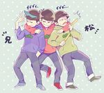  arm_around_shoulder arms_around_neck brothers eyewear_on_head glowstick hood hoodie kmr male_focus matching_outfit matsu_symbol matsuno_choromatsu matsuno_karamatsu matsuno_osomatsu multiple_boys osomatsu-kun osomatsu-san shoes siblings smile sneakers sunglasses sweat trembling 