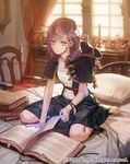  barefoot black_dress book brown_hair capelet chair curtains dragon's_shadow dress dust expressionless full_body hair_ornament hairpin indoors jug official_art on_bed open_book pillow pot purple_eyes reading short_hair short_sleeves sitting solo wariza watermark window yna 
