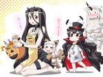  &gt;_&lt; :d alternate_costume apron basket battleship_hime black_hair blush breasts brown_eyes candy candy_cane cape claws cleavage closed_eyes clothes_writing commentary_request cosplay dracula dracula_(cosplay) embarrassed english fang fish food halloween hase_yu hat horns isolated_island_oni jack-o'-lantern kantai_collection long_hair medium_breasts multiple_girls mummy_costume northern_ocean_hime open_mouth saury seaport_hime seiza shinkaisei-kan shirt sitting smile t-shirt top_hat translated wavy_mouth werewolf white_hair white_skin xd 