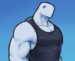 anthro blue_background clothing dark_topwear dinosaur dynogreeno hi_res largo_(dynogreeno) male muscular muscular_anthro muscular_male prehistoric_species reptile scalie shirt simple_background solo tank_top topwear white_body