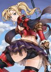  ass bang-you black_legwear blonde_hair blue_eyes breasts day granblue_fantasy highres looking_at_viewer looking_back medium_breasts polearm sideboob skirt sky smile solo thighhighs thighs weapon zeta_(granblue_fantasy) 