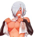  bare_shoulders borrowed_character braid breasts covered_nipples dark_skin detached_sleeves grey_hair grin hair_over_one_eye highres himamushi_nyuudou large_breasts looking_at_viewer meshi_tero-chan original ribbon sharp_teeth short_hair smile solo teeth underboob undressing upper_body 