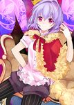 alternate_costume bat_wings capelet couch crown fur_trim highres legwear_under_shorts nail_polish pantyhose pantyhose_under_shorts pinstripe_legwear pinstripe_pattern purple_eyes purple_hair remilia_scarlet short_hair shorts siamaru sitting smile solo striped touhou wings 