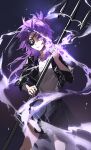  1girl absurdres black_skirt chrome_dokuro eyepatch highres holding holding_weapon jacket jewelry katekyo_hitman_reborn! lay_(user_cntx4284) long_hair polearm purple_eyes purple_hair ring shirt skirt solo weapon white_shirt 