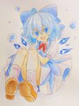  ahoge blue_eyes blue_hair bow cirno dress eyebrows fang full_body hair_bow highres ice ice_wings knees_together looking_at_viewer loose_socks puffy_sleeves short_hair smile socks solo touhou traditional_media watercolor_(medium) wings yagami_(mukage) 