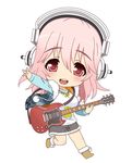  blush breasts chibi electric_guitar guitar headphones instrument large_breasts long_hair looking_at_viewer nendoroid nitroplus open_mouth pink_hair pom_pom_(clothes) red_eyes smile solo super_sonico tsuji_santa 
