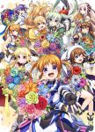  ahoge amatsuki_colors blonde_hair blue_eyes blue_hair blush bouquet bow breasts brown_hair cape einhard_stratos fate_testarossa fingerless_gloves flower fuka_reventon gloves green_eyes green_hair green_ribbon grey_hair hair_bow hair_ornament hair_ribbon happy_anniversary hat heterochromia highres holding holding_flower long_hair looking_at_viewer lyrical_nanoha magical_girl mahou_shoujo_lyrical_nanoha_detonation mahou_shoujo_lyrical_nanoha_strikers multiple_girls open_clothes open_mouth orange_hair ponytail purple_eyes red_eyes ribbon rinne_berlinetta short_hair sidelocks skirt smile subaru_nakajima takamachi_nanoha teana_lanster thighhighs twintails very_long_hair vivid_strike! vivio wings x_hair_ornament yagami_hayate 