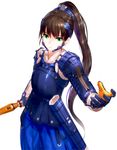  armor blue_armor brown_hair commentary_request gloves green_eyes headgear high_ponytail japanese_armor kfr light_smile long_hair original ponytail reaching scabbard science_fiction sheath shinai simple_background skirt solo sword very_long_hair weapon white_background 
