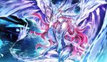  armor bare_shoulders commentary_request dance_princess_of_the_nekroz detached_sleeves dragon_tail dragon_wings duel_monster gishki_emilia headgear highres ice kanaria_(fuusenkazura) long_hair looking_at_viewer md5_mismatch nekroz_of_gungnir pink_eyes red_hair sitting solo staff tail very_long_hair wings yokozuwari yuu-gi-ou 