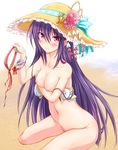  blush breast_hold breasts flower hat hat_flower highres kasumi_(shironeko_project) long_hair looking_at_viewer medium_breasts momomo_udameda navel purple_eyes purple_hair shironeko_project sitting solo undressing very_long_hair 