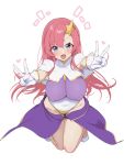  1girl blue_eyes breasts campbell_xx capelet double_v gloves hair_ornament highleg highleg_leotard highres impossible_clothes impossible_leotard large_breasts leotard long_hair meer_campbell multicolored_leotard notice_lines pink_hair purple_skirt simple_background skirt solo star_(symbol) star_hair_ornament twitter v white_background white_capelet white_gloves 