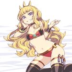  blonde_hair bracelet cagliostro_(granblue_fantasy) chan_co crown granblue_fantasy grin hairband jewelry long_hair purple_eyes smile solo test_tube thigh_strap thighhighs 