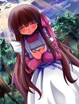  bangs blush book brown_hair bury coco_(bury) crying hair_ribbon highres holding long_hair ribbon shuixia sidelocks solo sunlight tears tree very_long_hair 