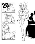  2018 armor big_breasts big_lips blackshirtboy bracers breast_growth breasts butt butt_expansion clothed clothing comic d20 ear_piercing elf female footwear gender_transformation group hair happy human human_to_humanoid humanoid jewelry lips long_hair male mammal monochrome mtf_transformation natural_20 navel piercing shoes short_hair solo_focus standing surprise table transformation wide_hips 