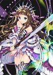  bare_shoulders blue_eyes empew long_hair million_chain smile solo sword weapon 