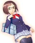  :o bag_charm blazer breasts brown_hair charm_(object) glasses green_eyes idolmaster idolmaster_cinderella_girls jacket looking_at_viewer maekawa_miku medium_breasts onsoku_maru school_uniform short_hair solo thighhighs zettai_ryouiki 