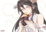 artist_name bare_shoulders black_hair closed_eyes detached_sleeves eating food hair_ornament hairband haruna_(kantai_collection) holding holding_food japanese_clothes kantai_collection long_hair nontraditional_miko remodel_(kantai_collection) sensen solo sweet_potato upper_body white_background yakiimo 