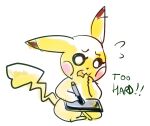 2016 cheek_spots colored_sketch dialogue digital_media_(artwork) english_text exclamation_point eyebrows eyelashes female flavia-elric generation_1_pokemon holding_tablet nintendo open_mouth pikachu pink_cheeks pokemon pokemon_(species) pupils simple_background sitting sketch solo tablet_pen tail talking_to_self text white_background white_pupils