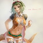  ahoge breasts brown_background character_name cleavage clenched_hand cowboy_shot garter_straps goggles goggles_on_head green_eyes green_hair gumi heart jacket medium_breasts megpoid_(vocaloid4) midriff open_clothes open_jacket orange_shirt parted_lips shirt short_shorts short_sleeves shorts simple_background sleeves_folded_up smile solo striped striped_legwear teeth thighhighs vocaloid wrist_cuffs yamakawa_umi 