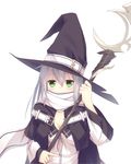  blush breasts cleavage commentary green_eyes hat jacket long_hair looking_at_viewer medium_breasts nagishiro_mito original scarf scarf_over_mouth silver_hair solo staff upper_body white_background witch witch_hat 