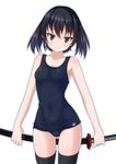  akame_ga_kill! black_eyes black_hair black_legwear covered_navel katana kurome_(akame_ga_kill!) one-piece_swimsuit school_swimsuit short_hair smile solo sunsuke swimsuit sword thighhighs weapon white_background 