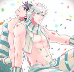  akaritoto aviator_cap caesar_anthonio_zeppeli confetti facial_mark goggles goggles_on_head jojo_no_kimyou_na_bouken joseph_joestar_(young) male_focus multiple_boys pants purple_hair scarf shirt striped striped_pants striped_shirt vest white_hair 