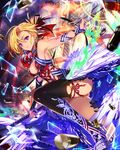  armpits ass bare_shoulders black_legwear blonde_hair bullet commentary_request empew finger_on_trigger gun hair_ribbon katana looking_at_viewer original purple_eyes revealing_clothes ribbon short_hair sleeveless solo sword tenkuu_no_crystalia thigh_ribbon thighhighs weapon 