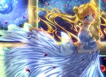  absurdres bead_bracelet beads bishoujo_senshi_sailor_moon blonde_hair blue_eyes bracelet crescent double_bun dress earrings facial_mark forehead_mark from_side highres jewelry long_hair night pillar planet princess_serenity skirt_hold sky smile solo star_(sky) starry_sky touki_matsuri tsukino_usagi twintails very_long_hair white_dress 