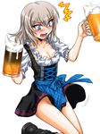 1girl alcohol alternate_costume apron bangs beer beer_mug black_legwear blouse blue_apron blue_eyes blush bodice boots breasts cleavage collarbone commentary commentary_request cup d: dirndl dress dual_wielding embarrassed eyeliner german_clothes girls_und_panzer holding holding_cup itsumi_erika knees_together laces long_hair looking_down makeup medium_breasts oktoberfest oosaka_kanagawa open_mouth shippou_(pattern) short_dress short_sleeves silver_hair simple_background socks solo spilling standing sweat thighhighs underbust unmoving_pattern v-shaped_eyebrows waist_apron white_background white_blouse wind wind_lift 