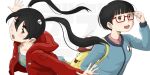  2girls :o absurdres adjusting_eyewear backpack bag black_hair blue_shirt blunt_bangs brown_eyes copyright_name dead_dead_demons_de_dedede_destruction english_commentary hair_ornament highres hood hood_down isobeyan jacket koyama_kadode leo.comics long_sleeves multiple_girls nakagawa_ouran red-framed_eyewear red_jacket shirt short_hair simple_background skull_hair_ornament thick_eyebrows upper_body white_background 