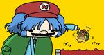  alternate_headwear arm_up backpack bag blue_hair bowser brick commentary_request dangling facial_hair hair_bobbles hair_ornament hat horns kawashiro_nitori key kurokoori long_sleeves mario_(series) molten_rock mustache orange_hair parody pocket simple_background solid_oval_eyes super_mario_bros. sweatdrop touhou twintails two_side_up 
