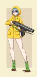  1girl absurdres bead_necklace beads blue_eyes blue_hair boots breasts catholic cross cross_necklace doom_(series) double-barreled_shotgun green_footwear gun highres holding holding_gun holding_weapon jewelry jubilee_2025 latin_cross long_sleeves luce_(jubilee_2025) necklace rosary rubber_boots short_hair shotgun small_breasts tanke_laide weapon yellow_raincoat 