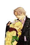  1girl atelier_(series) atelier_ayesha ayesha_altugle blonde_hair closed_eyes coat facial_hair flower glasses grey_hair hair_flower hair_ornament highres keithgrif_hazeldine kuroo_(k_r_oo) long_hair mustache wrist_cuffs 