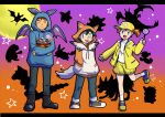  1girl 2boys animal_ears ash_ketchum black_eyes blue_eyes brock_(pokemon) candy charizard chocolate closed_eyes croagunk facial_mark fake_animal_ears food full_body gengar halloween halloween_bucket hat hood hoodie lollipop lycanroc lycanroc_(dusk) misty_(pokemon) moon multiple_boys onix pikachu pokemon pokemon_(anime) ponytail psyduck puijiro side_ponytail silhouette standing staryu tail tongue tongue_out zubat 