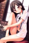  :d absurdres barefoot black_hair black_panties blush book bow bow_panties braid breasts brick_wall brown_eyes collarbone dutch_angle highres holding holding_book indoors kantoku knee_up koi_suru_kanojo_no_bukiyou_na_butai lingerie looking_at_viewer medium_breasts nanase_sena navel no_pants open_book open_clothes open_mouth open_shirt panties shirt sitting smile solo twin_braids underwear window 